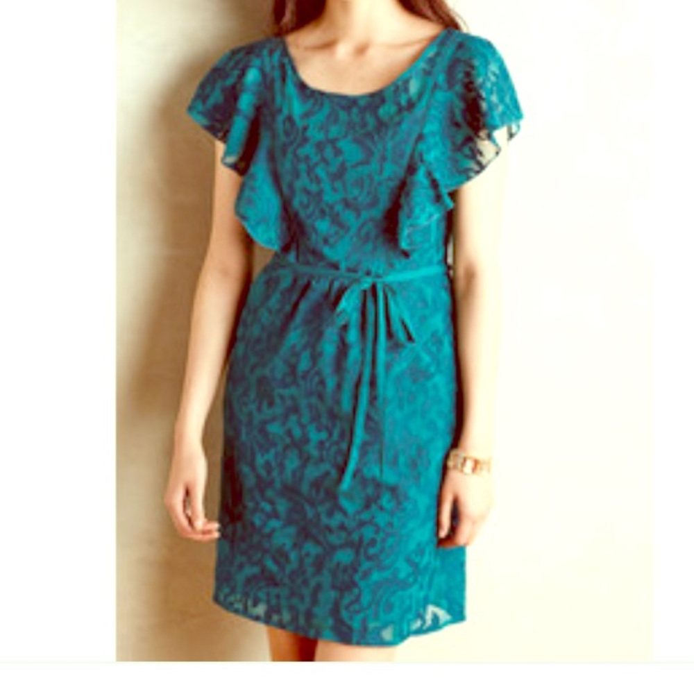 Anthropologie dark green flutter sleeve dress